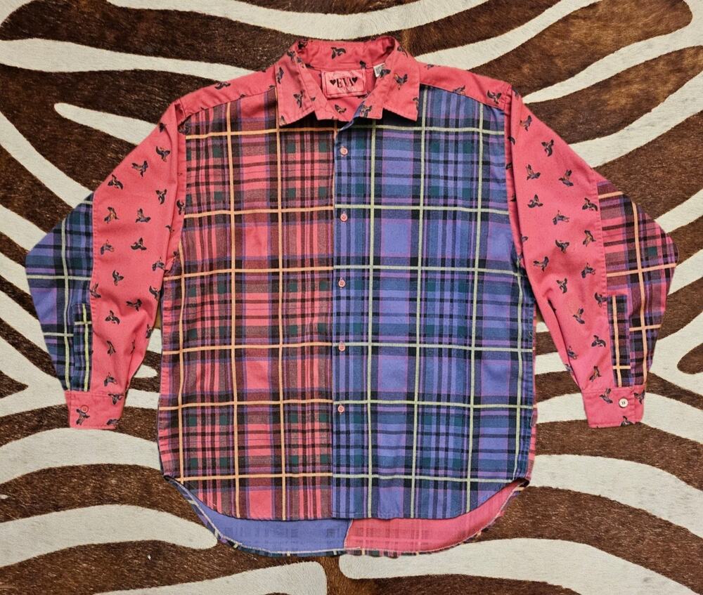 Vintage Y2K 90s René Derhy Color Block Pink Purple Flannel AOP Duck Print Sz L